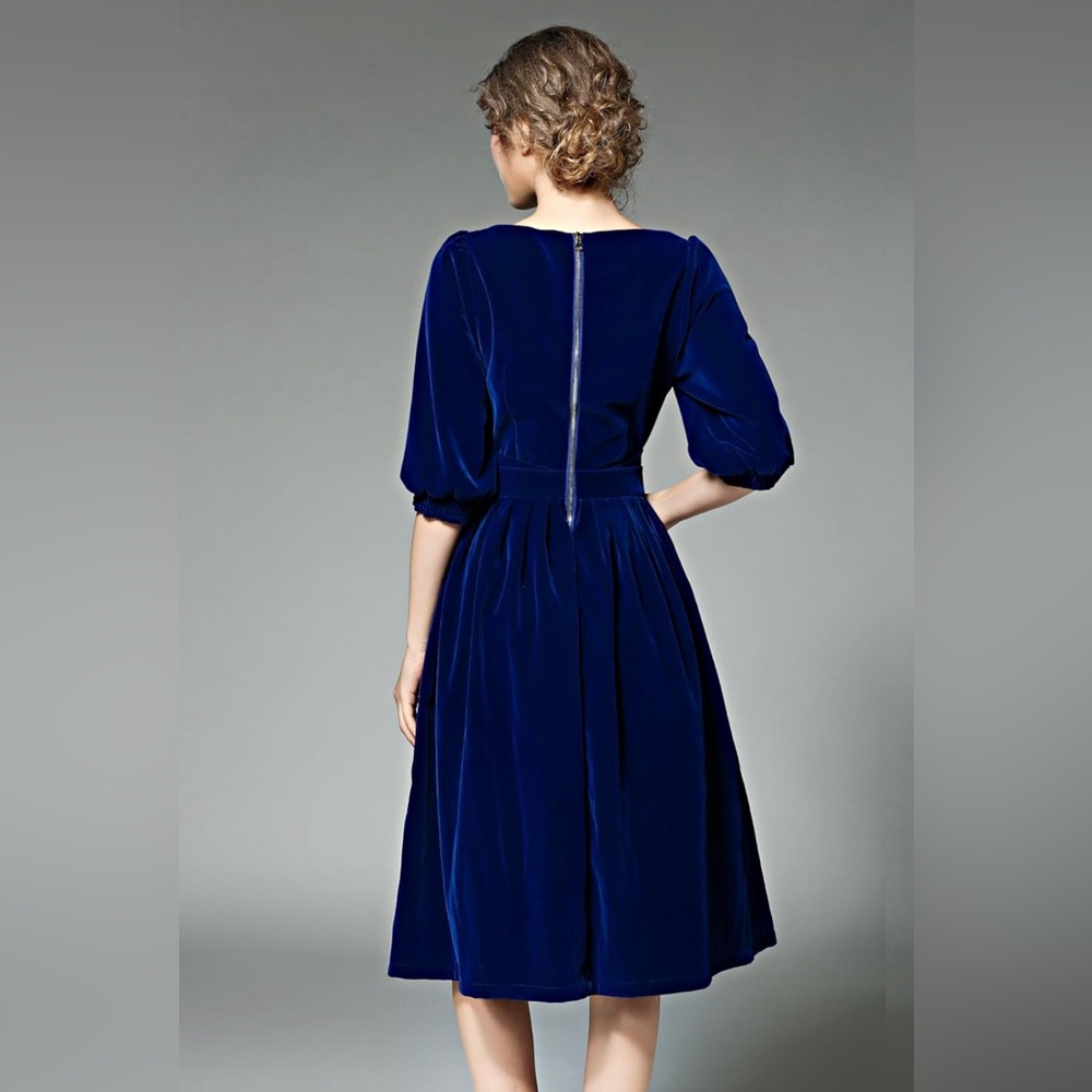 Fei in van Casual Vintage Round Neck Velvet Tunic Swing A-Line Midi Party Dress - Picture 2 of 12
